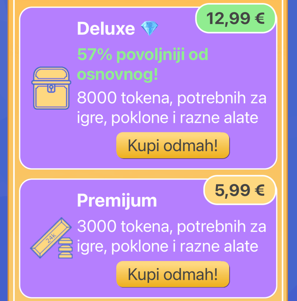 Prikaz sekcije Prodavnica gde kupuješ tokene ili pretplatu.