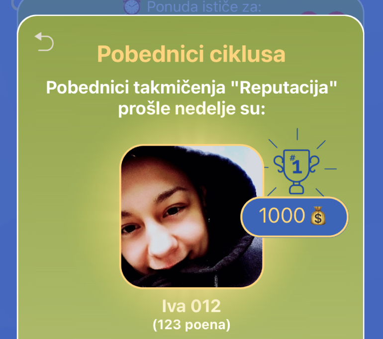 Primer poruke o pobednicima nedeljnog takmiÄenja, prikazana svim igraÄima u ponedeljak.
