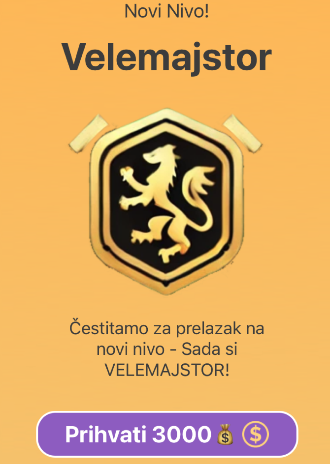 Dijalog koji te obaveštava o novom nivou i osvojenim tokenima.